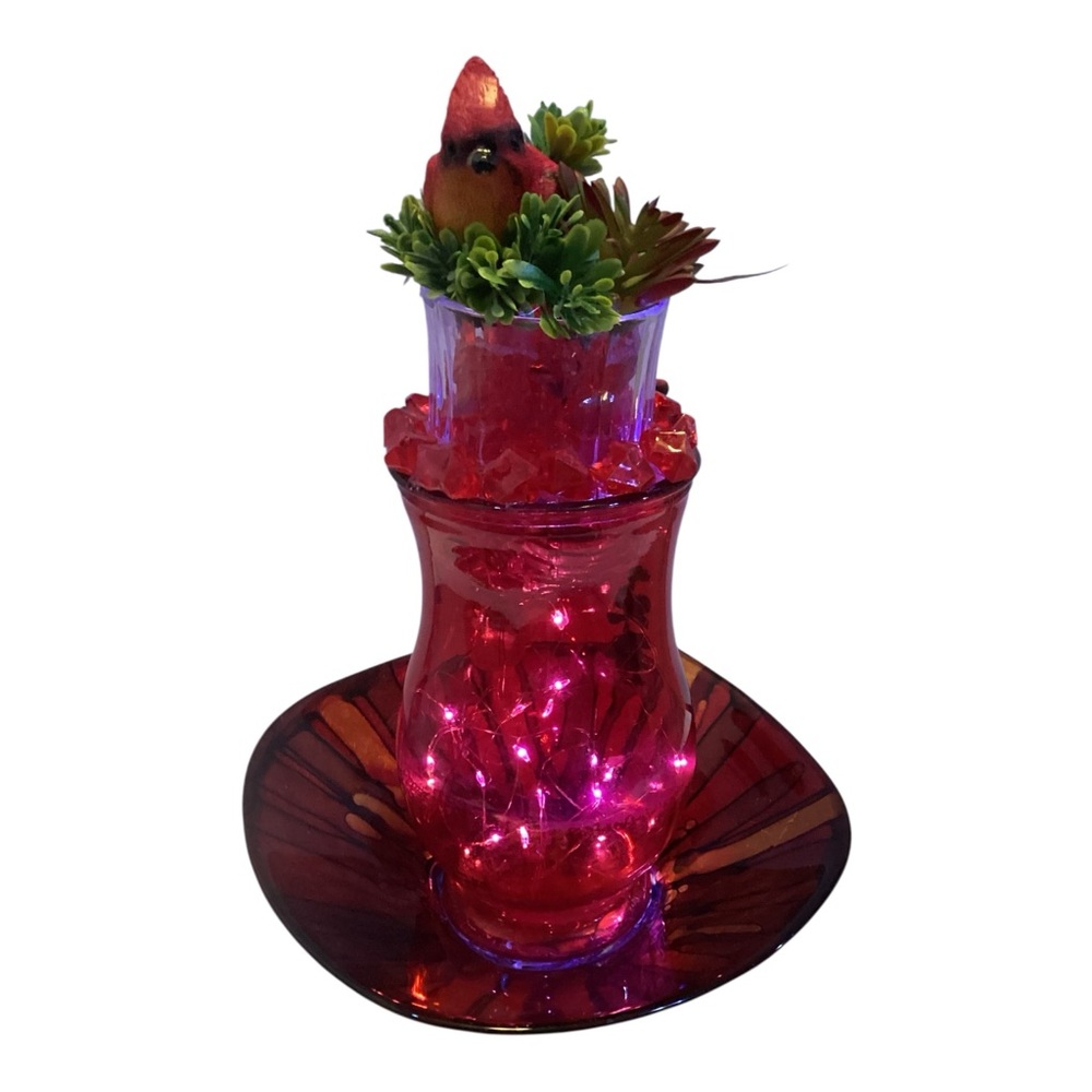 Red Glass Lighted Cardinal Centerpiece Vase Plate Set LED Fairy Lights - Picture 4 of 7